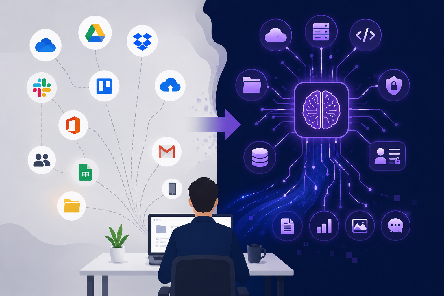 Illustration showing the transition from Shadow IT to Shadow AI in an enterprise environment. Multiple unauthorized workplace tools and cloud platforms connect toward an AI system, symbolizing how unmanaged technology adoption evolves into more complex AI-related risks involving data processing, retention, and governance.