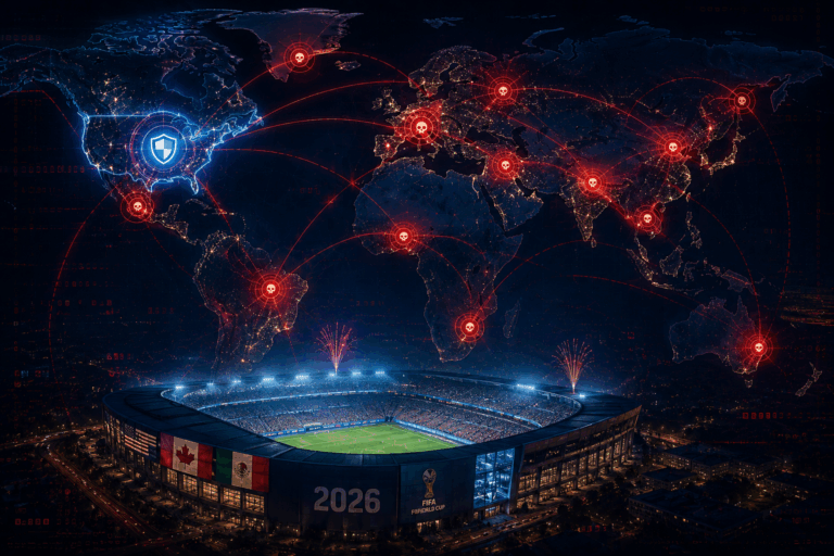 A futuristic FIFA World Cup 2026 stadium in North America is shown beneath a glowing world map marked with multiple cyberattack hotspots across Europe, Asia, Africa, and South America, illustrating the global cybersecurity risks surrounding major sporting events.