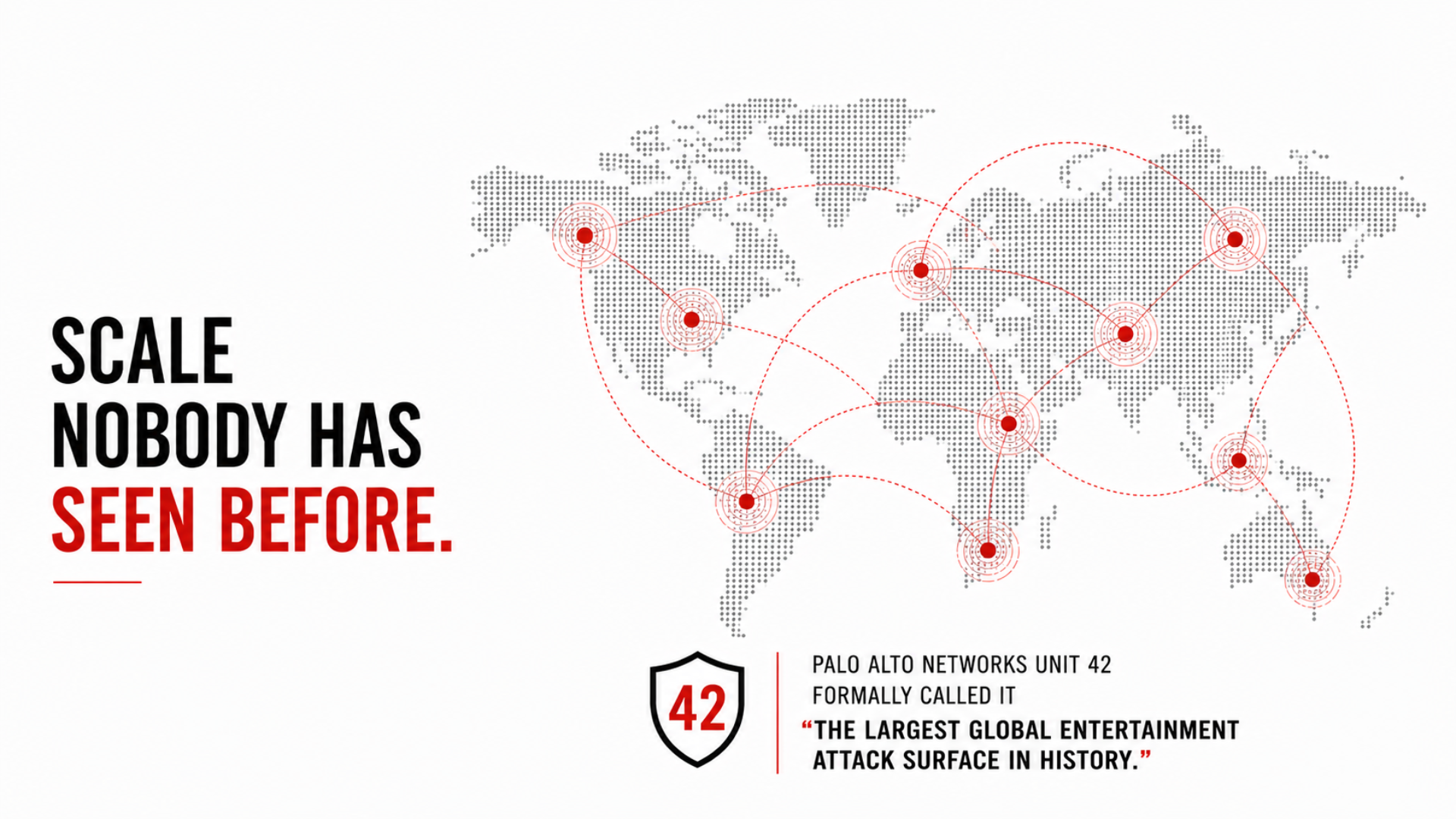 A minimalist infographic with the headline "Scale Nobody Has Seen Before" on the left and a dotted world map on the right connected by red network arcs. At the bottom, a Unit 42 shield icon accompanies a quote describing FIFA World Cup 2026 as the largest global entertainment attack surface in history.